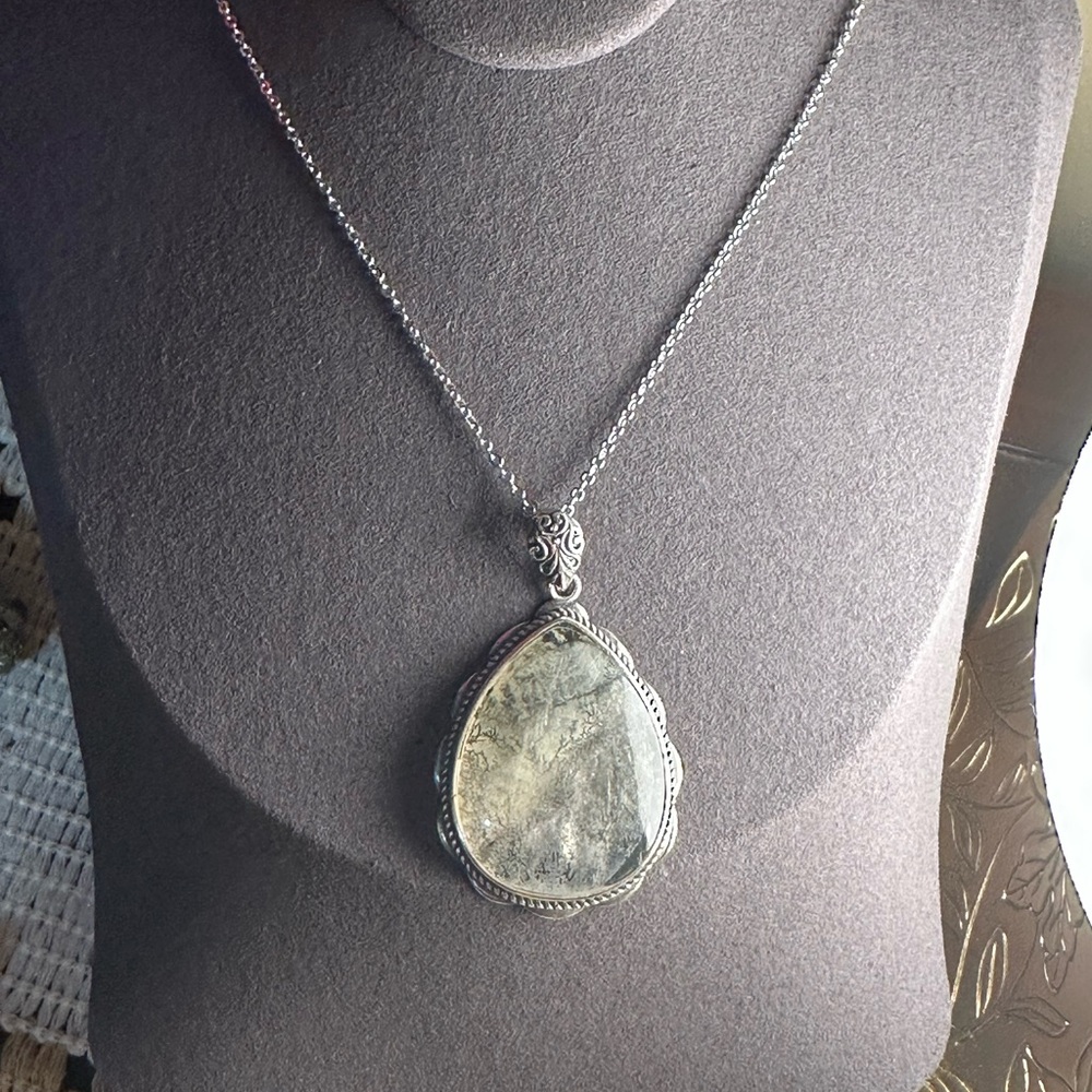 Dendritic Agate Teardrop Pendant in Silver 925 Setting on Silver 925 Chain - Picture 9 of 16